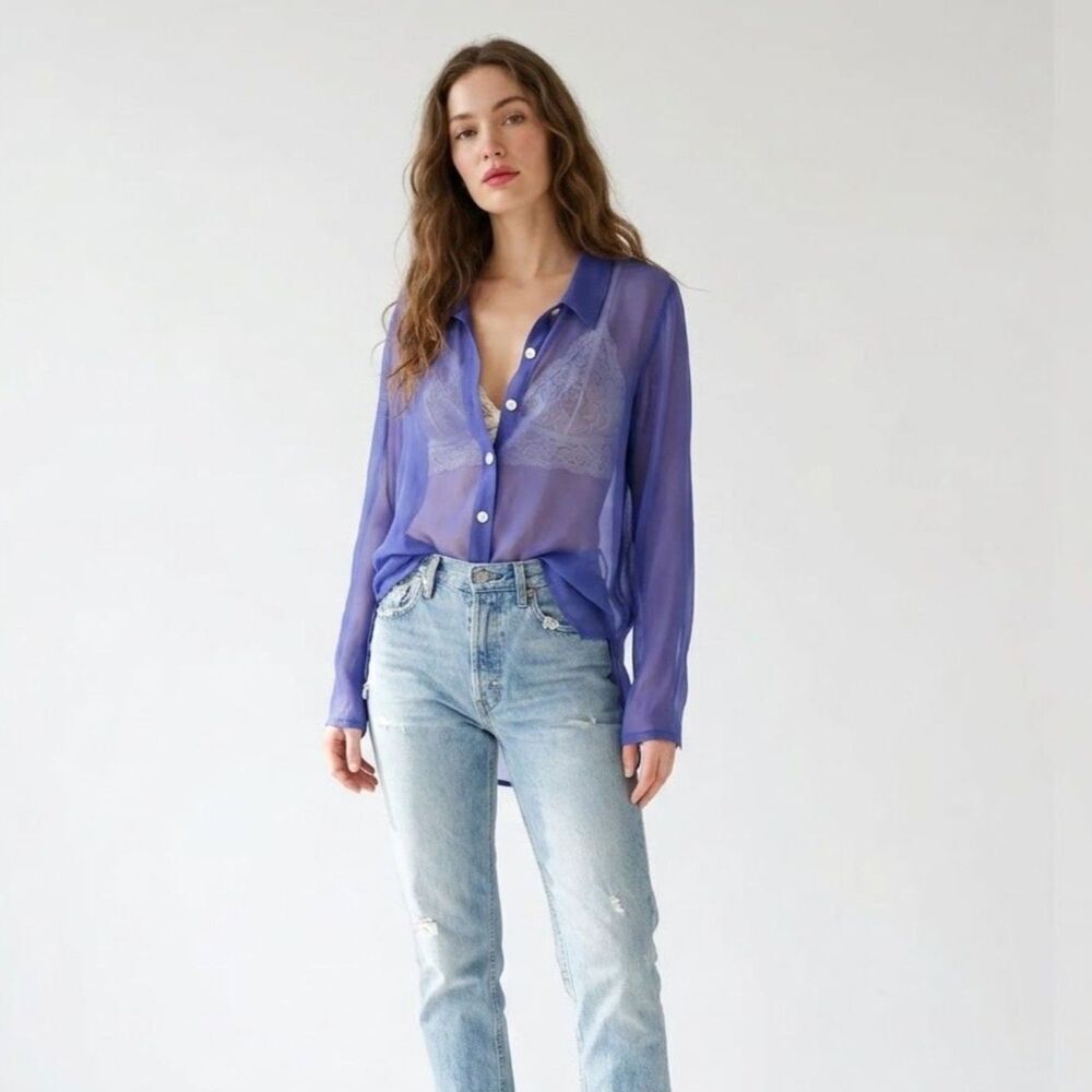 Vintage Deadstock April Cornell Purple Sheer Rayon Button Down Blouse L Boho Rom